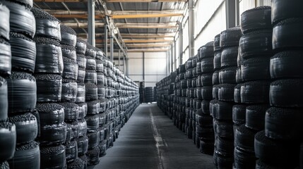 Poster - A production area filled with large containers of dark seeds or grains, stacked in an industrial warehouse, showcasing the scale of the operation