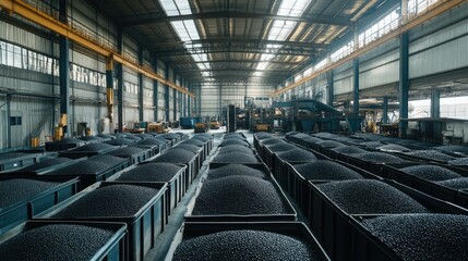 Poster - A vast warehouse filled with large containers of dark seeds or grains, lined up for processing, in an industrial setting with machinery in the background