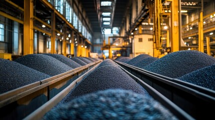 Poster - A vast warehouse filled with large containers of dark seeds or grains, lined up for processing, in an industrial setting with machinery in the background
