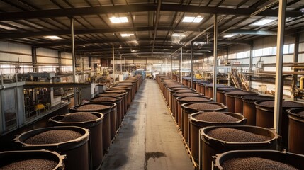 Poster - A vast warehouse filled with large containers of dark seeds or grains, lined up for processing, in an industrial setting with machinery in the background