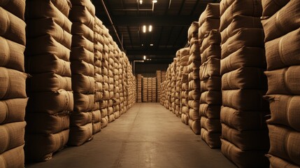 Poster - A vast warehouse filled with neatly stacked burlap sacks, conveying a sense of organized storage for grains or other bulk materials