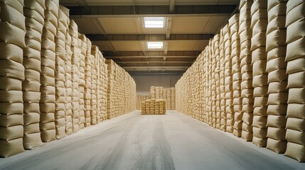 Poster - A vast warehouse filled with neatly stacked burlap sacks, conveying a sense of organized storage for grains or other bulk materials