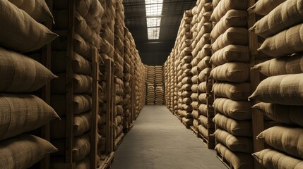 Poster - A vast warehouse filled with neatly stacked burlap sacks, conveying a sense of organized storage for grains or other bulk materials
