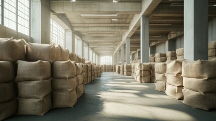 Poster - A vast warehouse filled with neatly stacked burlap sacks, conveying a sense of organized storage for grains or other bulk materials