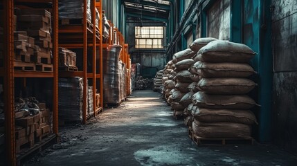 Poster - A warehouse lined with stacks of bags containing industrial materials, highlighting the organized nature of the storage area in an industrial setting