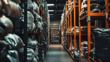 Poster - A warehouse lined with stacks of bags containing industrial materials, highlighting the organized nature of the storage area in an industrial setting