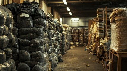 Poster - A warehouse lined with stacks of bags containing industrial materials, highlighting the organized nature of the storage area in an industrial setting