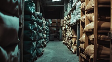 Poster - A warehouse lined with stacks of bags containing industrial materials, highlighting the organized nature of the storage area in an industrial setting