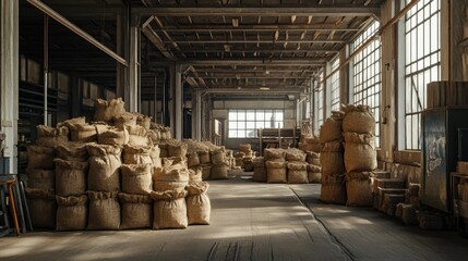 Poster - A warehouse packed with stacked burlap sacks, likely containing grains or bulk materials, creating a rustic and industrial atmosphere