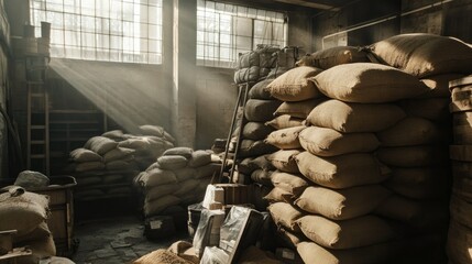 Poster - A warehouse packed with stacked burlap sacks, likely containing grains or bulk materials, creating a rustic and industrial atmosphere