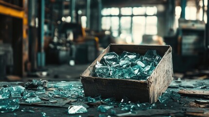 Poster - A warehouse scene featuring a box filled with shards of broken glass, with an industrial backdrop highlighting the mess and chaos of the setting