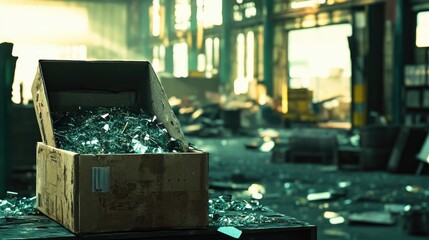 Poster - A warehouse scene featuring a box filled with shards of broken glass, with an industrial backdrop highlighting the mess and chaos of the setting