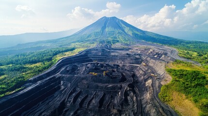 Aufkleber - Aerial view of a large open-pit coal mine, with visible layers of coal and massive machinery, showing the scale of the excavation process