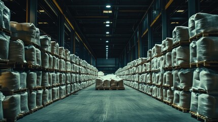 Poster - An industrial warehouse featuring rows of neatly stacked bags, likely containing raw materials, prepared for further processing or transport