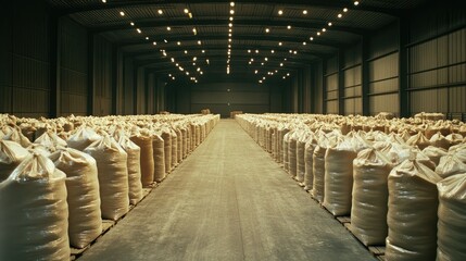 Poster - An industrial warehouse featuring rows of neatly stacked bags, likely containing raw materials, prepared for further processing or transport