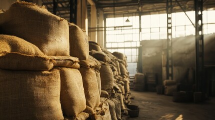 Poster - Burlap sacks stacked high in a warehouse, likely containing grains or raw materials for storage and distribution in an industrial environment