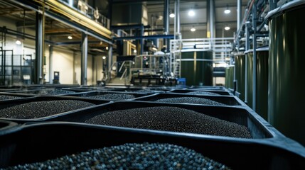 Poster - Large containers of dark seeds or grains stored in a processing facility, with industrial machinery visible in the background, ready for manufacturing