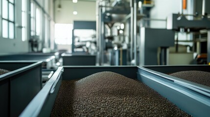 Poster - Large containers of dark seeds or grains stored in a processing facility, with industrial machinery visible in the background, ready for manufacturing