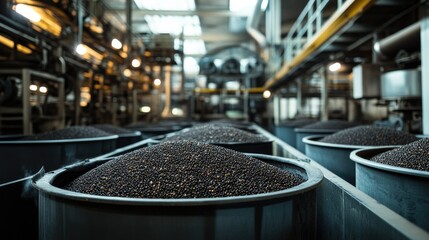 Poster - Large containers of dark seeds or grains stored in a processing facility, with industrial machinery visible in the background, ready for manufacturing