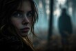 © Boomanoid - Close-up of a scared girl standing in a dark foggy forest. In the background is the silhouette of a male figure.