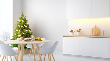 Poster - Beautiful, modern rustic kitchen featuring light wood furniture and a decorated Christmas tree garland on the white wall. A warm, festive ambiance perfect for a holiday meal.