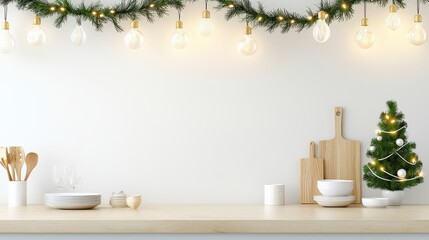 Poster - Beautiful, modern rustic kitchen featuring light wood furniture and a decorated Christmas tree garland on the white wall. A warm, festive ambiance perfect for a holiday meal.
