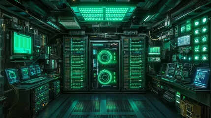 Poster - Modern data center room interior illuminated by green neon lighting effects. Server racks with bright indicators, monitoring panels, cooling ventilation systems and cables. Cyberpunk network equipment