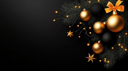 Aufkleber - Elegant Christmas arrangement with shiny golden baubles, black ornaments, and festive decorations on a textured dark backdrop, ideal for seasonal greetings.