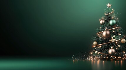 Poster - Elegant holiday greeting banner with a Christmas tree decorated with ornaments and lights on a dark green backdrop, creating the perfect winter holiday vibe.