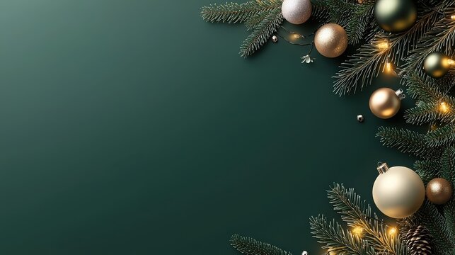 Elegant holiday greeting banner with a Christmas tree decorated with ornaments and lights on a dark green backdrop, creating the perfect winter holiday vibe.