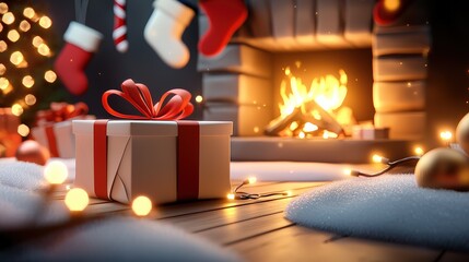 Wall Mural - Gift box with red and white holiday wrapping, set near a cozy fireplace decorated with stockings and glowing lights, exuding Christmas warmth.