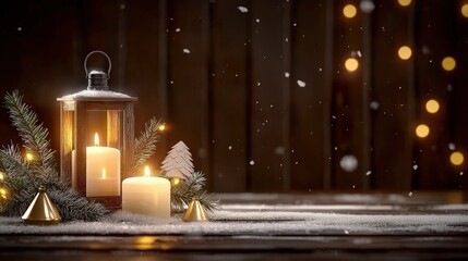 Wall Mural - Merry Christmas and Happy New Year greeting with rustic wooden lamps, lit candles, Christmas tinsel, fir branches, and a light dusting of snow on a dark wooden background.