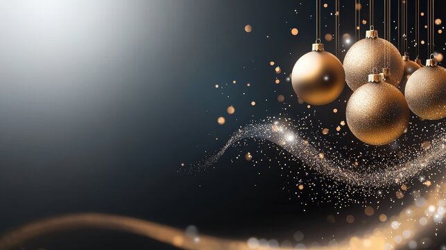 Panoramic holiday banner with golden Christmas balls, ice crystals, and festive sparkle, suspended in mid-air against a sleek black backdrop, perfect for holiday greetings.