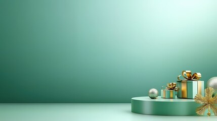 Poster - Simple and elegant Christmas display with a green backdrop and a podium for product promotion, ready for showcasing gifts or holiday-themed items for a festive sale.