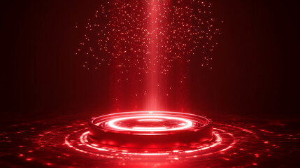 Poster - Vibrant red neon glow tech portal. Modern cylinder scifi podium radiating holographic light. Realistic 3D vector illustration of magic cyberpunk teleport platform with digital beams and circles.