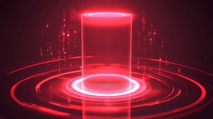 Poster - Vibrant red neon glow tech portal. Modern cylinder scifi podium radiating holographic light. Realistic 3D vector illustration of magic cyberpunk teleport platform with digital beams and circles.