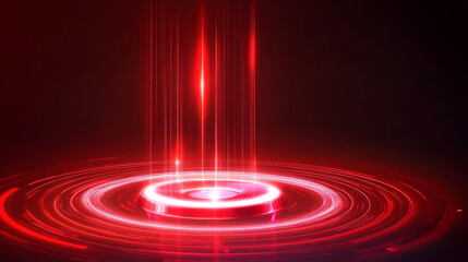 Poster - Vibrant red neon glow tech portal. Modern cylinder scifi podium radiating holographic light. Realistic 3D vector illustration of magic cyberpunk teleport platform with digital beams and circles.