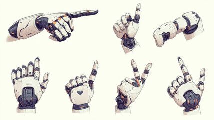 Poster - Stylized robotic hands with different gestures. Various poses and positions - doing thumbs up and heart shape, pointing with index finger and writing with pencil, offering arm to help and showing fist