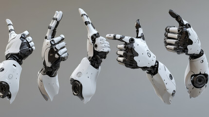 Poster - Stylized robotic hands with different gestures. Various poses and positions - doing thumbs up and heart shape, pointing with index finger and writing with pencil, offering arm to help and showing fist