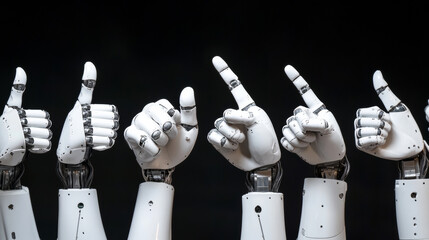Poster - Stylized robotic hands with different gestures. Various poses and positions - doing thumbs up and heart shape, pointing with index finger and writing with pencil, offering arm to help and showing fist