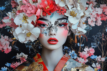 Wall Mural - woman with a flower headdress and red lips. The woman is wearing a red and gold outfit. The background is a floral pattern