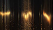© Hikmet - Gold line light with glitter glow abstract effect. Golden vertical flare with neon beam sparkle and particle burst vector bg. Laser string on black background. Shiny fiber data or sound banner design