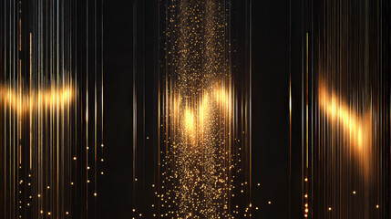 Poster - Gold line light with glitter glow abstract effect. Golden vertical flare with neon beam sparkle and particle burst vector bg. Laser string on black background. Shiny fiber data or sound banner design