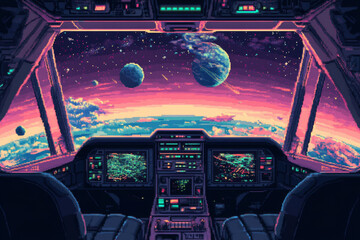 Wall Mural - futuristic spaceship cockpit with alien planet and stars showing through large window. space travel 