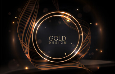 Wall Mural - Composition with a podium and a round gold frame on a black background.