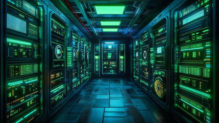 Poster - Modern data center room interior illuminated by green neon lighting effects. Server racks with bright indicators, monitoring panels, cooling ventilation systems and cables. Cyberpunk network equipment