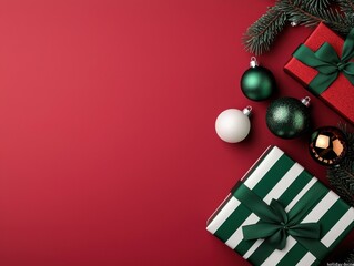 festive holiday gifts with ornaments and greenery.