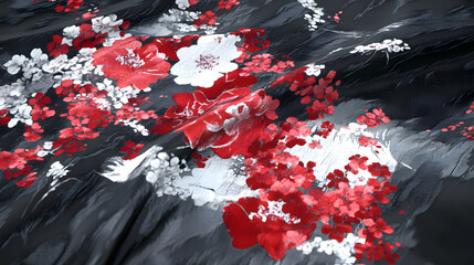 Poster - A vibrant floral pattern featuring red and white flowers on a dark background, creating a striking contrast and elegant visual appeal