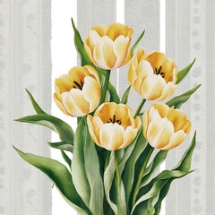 Wall Mural - Beautiful yellow tulips with green leaves isolated on white. Watercolor background illustration. Seamless background pattern. Fabric wallpaper print texture.