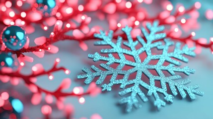 Wall Mural - Sparkling Snowflake with Bright Pink Lights on a Soft Background for Holiday and Winter Decoration Themes